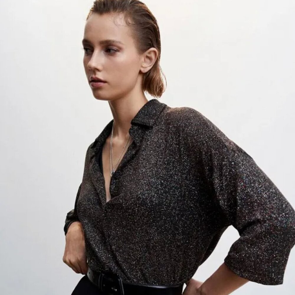 Mango Black Multicolor Sparkly Button up Blouse